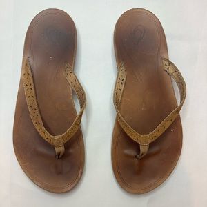 OluKai Brown Leather Toe-Post Sandals